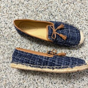 Talbots Izzy Tassel Espadrilles Boucle Womens 6.5 Blue Tan Brown Shoes Preppy